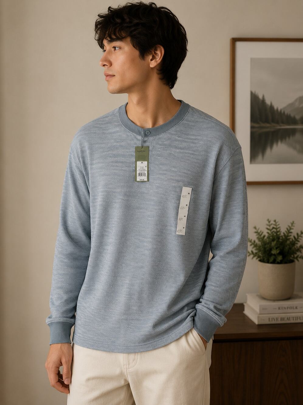 Goodfellow & Co Blue Waffle Knit Henley Shirt Men's Size M NWT Button Front